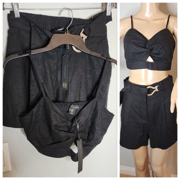 NWT House of Harlow Linen 2 Piece Set Black Pleated Shorts & Crop Top Size Small